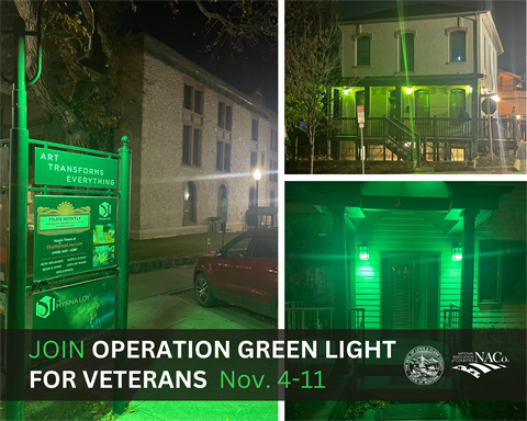 image of county buildings lit up with green lights